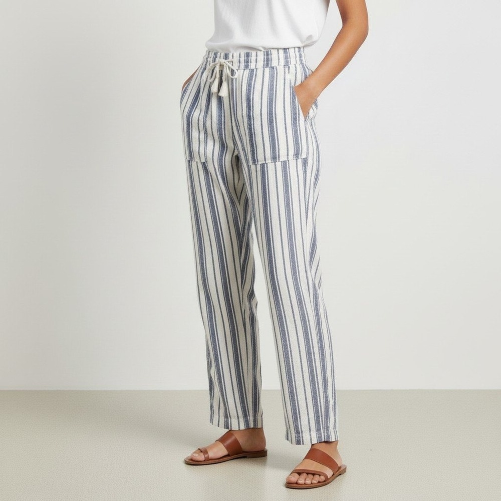Sonoma M Linen Striped Pull On Pant Blue Coastal Nautical Summer Beach Boho Soft